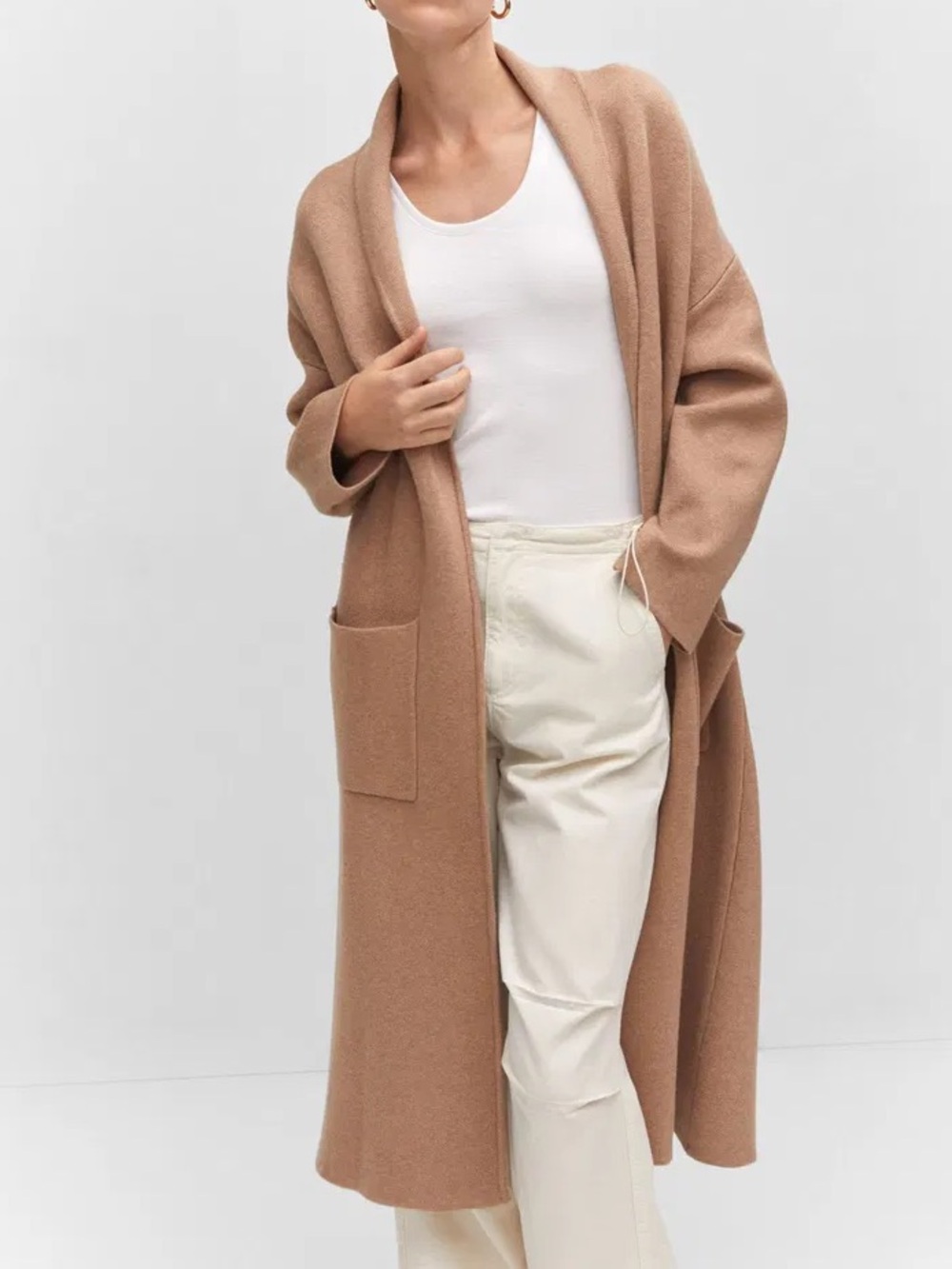 MANGO Camel Oversized Longline Open Front Cardigan Sweater XL